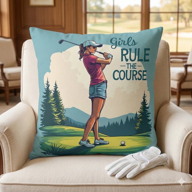 Tjejer styr kursen Retro golfillustration Kudde (Girls Rule the Course Retro Golf Illustration Throw Pillow Mockup A)