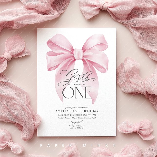 Tjejer vill bara vara EN 1:a födelsedag Rosa Bow  Inbjudningar (Pink Bow Invite | Girls 1st birthday party)
