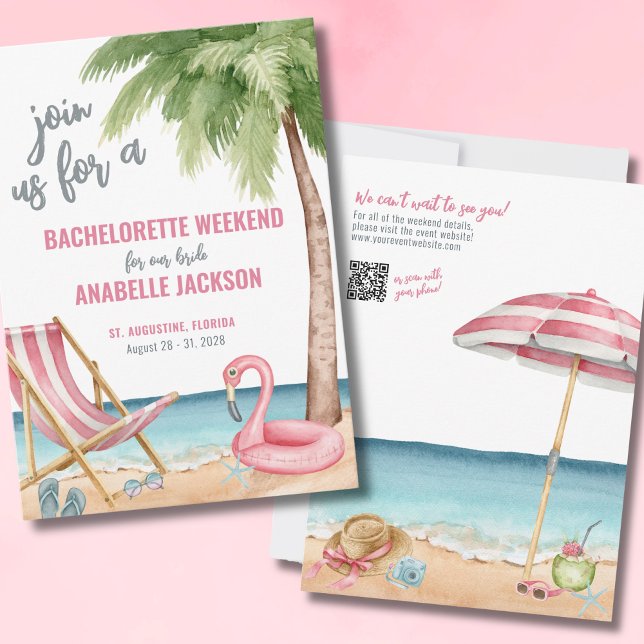 Tjejernas Helg Strand Möhippa Fest Inbjudningar (QR Destination Girls Weekend Beach Bachelorette Invitation)