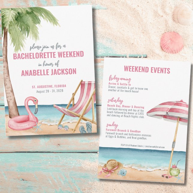 Tjejernas Helg Strand Möhippa Inbjudningar (Watercolor Beach Destination Bachelorette Weekend Invitation)