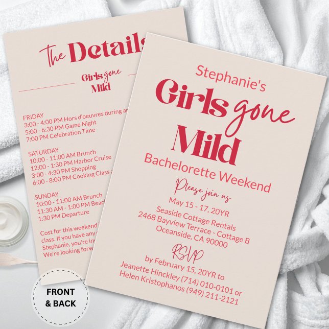 Tjejernas Mild Elegant Möhippa Strandhelg Inbjudningar (Custom Modern Ruby Red Typography Girls Gone Mild Bachelorette Weekend Invitation)