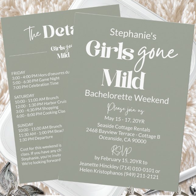 Tjejernas Mild Sage Möhippa Strandhelg Inbjudningar (Customized Girls Gone Mild Classic Script Sage Bachelorette Beach Weekend Itinerary Invitation)