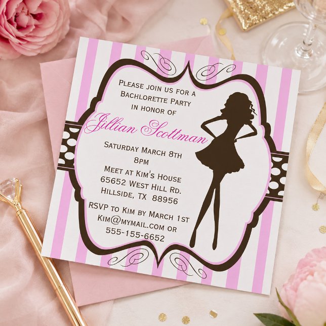 Tjejernas Utflykt Rosa Randig Sängkammarfest Inbjudningar (Girls Night Out Bachelorette Party Invitation)