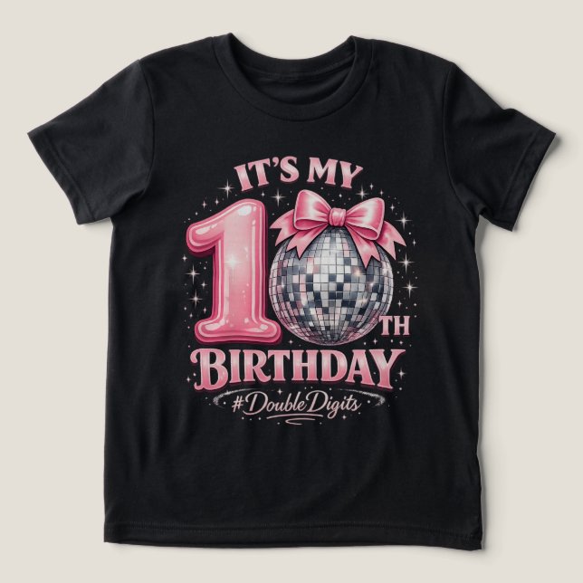 Tjejers 10-års Disco Boll Rosa Dubbla Siffror T Shirt (Design Framsida)