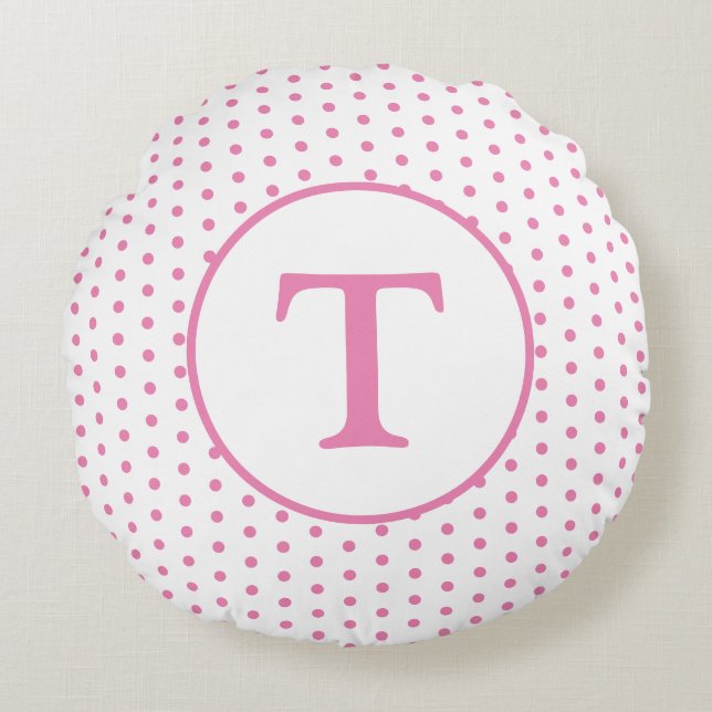 Tjejers Cute Rosa & White Polka Dot Round Pillow Rund Kudde (Framsidan)