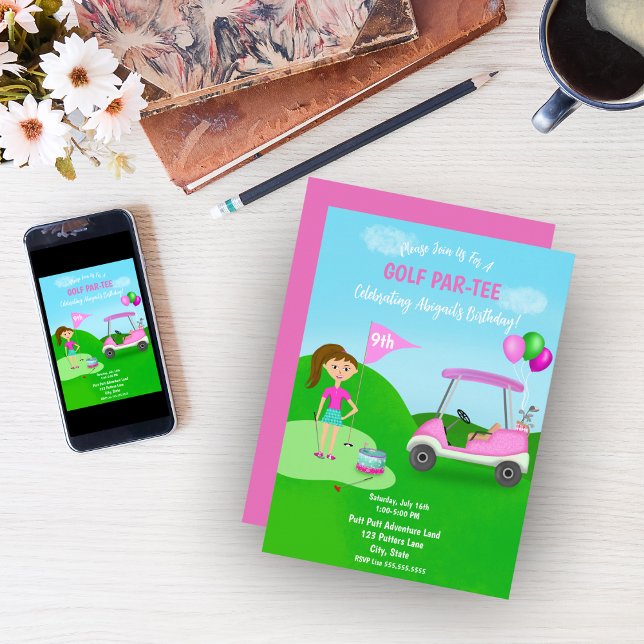 Tjejers golftema födelsedagsfest inbjudningar (Celebrate your child's birthday with this fantastic golf party invitation!)