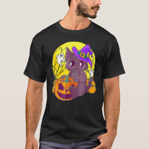 Tjejers Halloween Katt Pumpa Häxa Hatt Orange Kost T Shirt