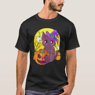 Tjejers Halloween Katt Pumpa Häxa Hatt Orange Kost T Shirt