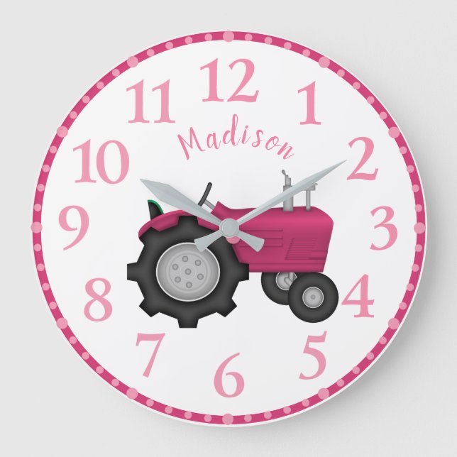 Tjejers Personlig Rosa Tractor Wall Clock Stor Klocka (Framsida)