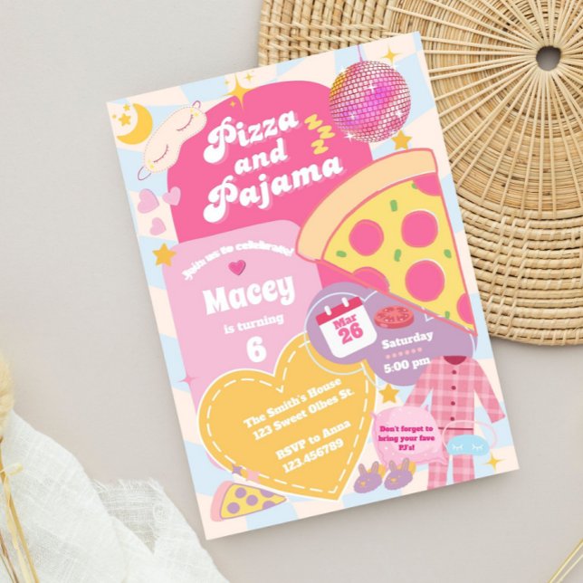 Tjejers Pyjamajubileum Pizza- och Soveripartaj Inv Inbjudningar (pizza party invitation, pajama party invite, sleepover birthday invite, girls birthday invitation, p)