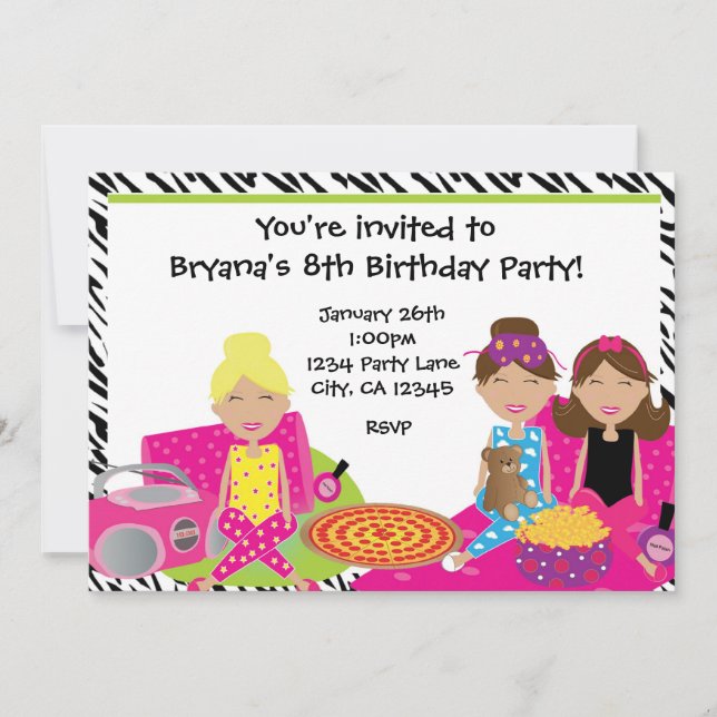 Tjejers pyjamasparty Soverparty Zebra Inbjudan (Framsida)