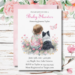 Tjejers rosa baby shower hund-tema inbjudningar