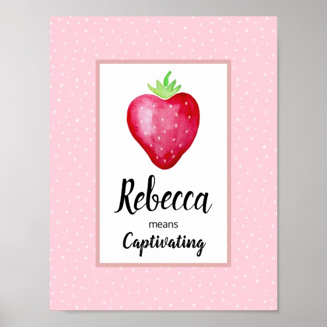 Tjejers Rosa Vattenfärg Jordgubbe & Namn Betydelse Poster (Framsidan)