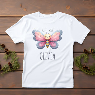 Tjejers söta estetik Rosa och grå fjäril T Shirt