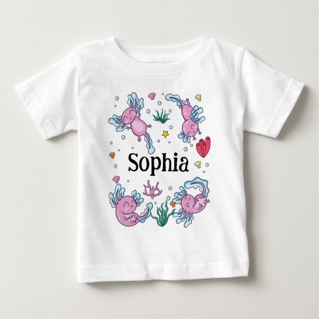 Tjejers söta och moderna rosa axolotl och namn för t shirt (Framsida)