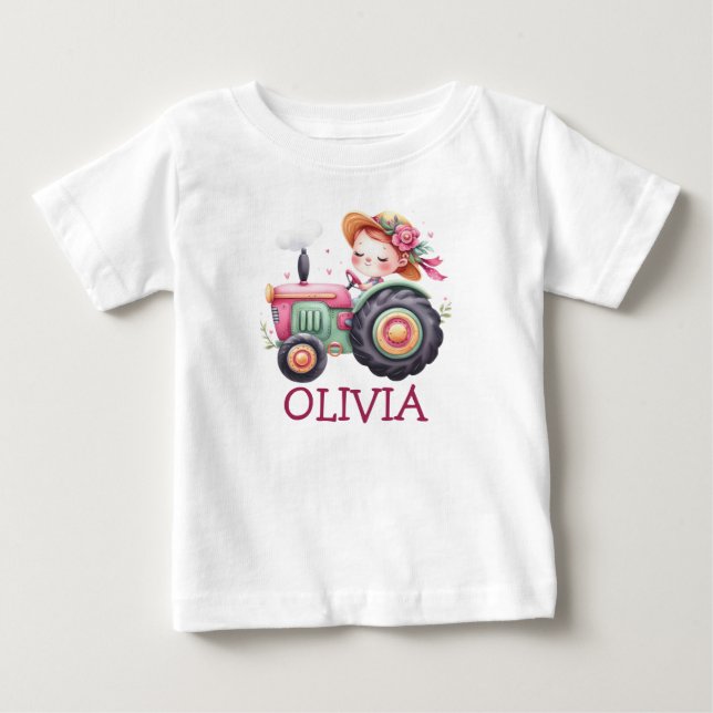 Tjejers söta rosa traktor personlig anpassning t shirt (Framsida)