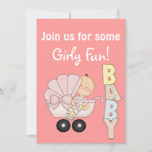 Tjejfestsbaby + Söt barnvagn/Rosa Inbjudningar