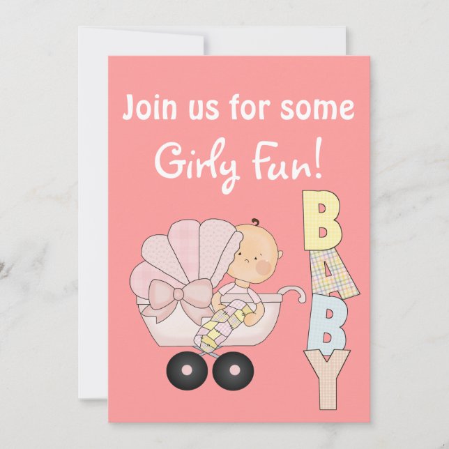 Tjejfestsbaby + Söt barnvagn/Rosa Inbjudningar (Framsida)