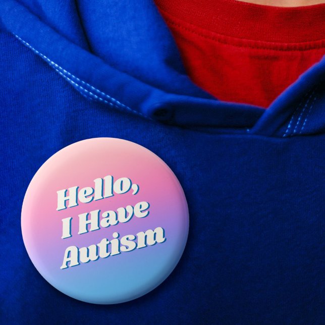 Tjejig Minimal Rosa Blå Typografi Hej Autism Knapp (Girly Minimal Pink Blue Typography Hello Autism Button)