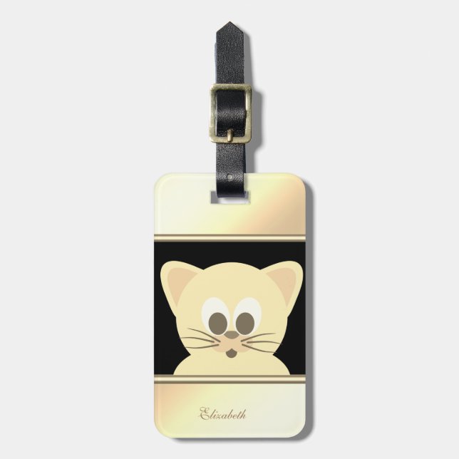 Tjejig Modern Svart,Guld  Katt -Personlig Bagagebricka (Vertikal Framsida)