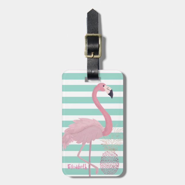 Tjejig Rosa Flamingo,Ananas Mint Vitt Streckmönste Bagagebricka (Vertikal Framsida)