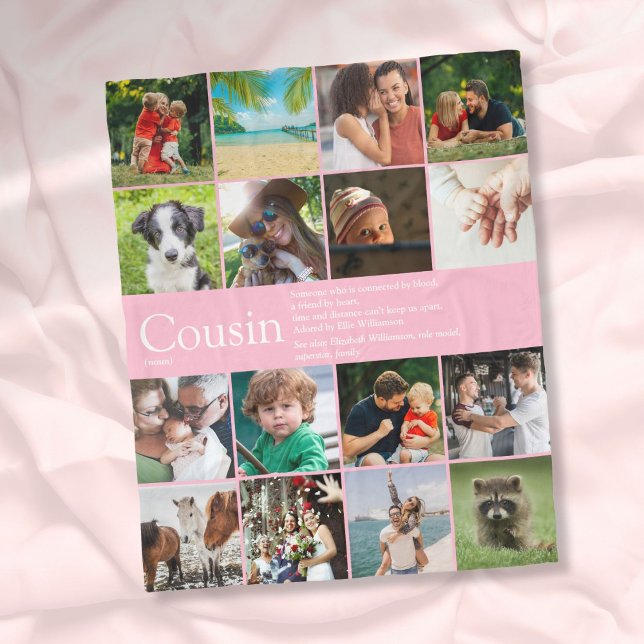 Tjejig rosa fotokollage Cool kusin definition Fleecefilt (Girly Pink Photo Collage Cool Cousin Definition Fleece Blanket)