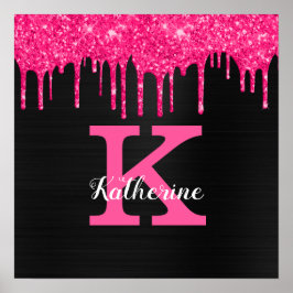 Tjejig Svart Het Rosa Glitterdropar Initialer Namn Poster