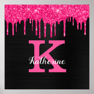 Tjejig Svart Het Rosa Glitterdropar Initialer Namn Poster