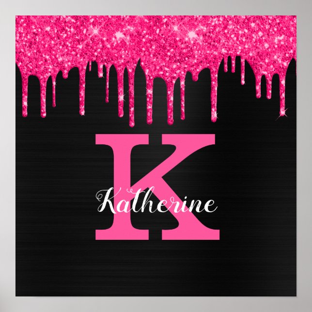 Tjejig Svart Het Rosa Glitterdropar Initialer Namn Poster (Framsidan)