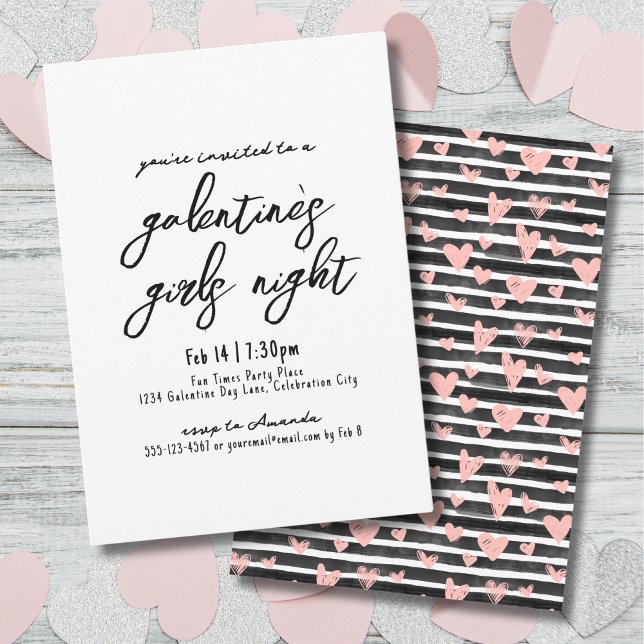 Tjejkväll Handskrivna Hjärtan Galentine's Day Inbjudningar (Girls Night Handwritten Hearts Galentine's Day Invitation)