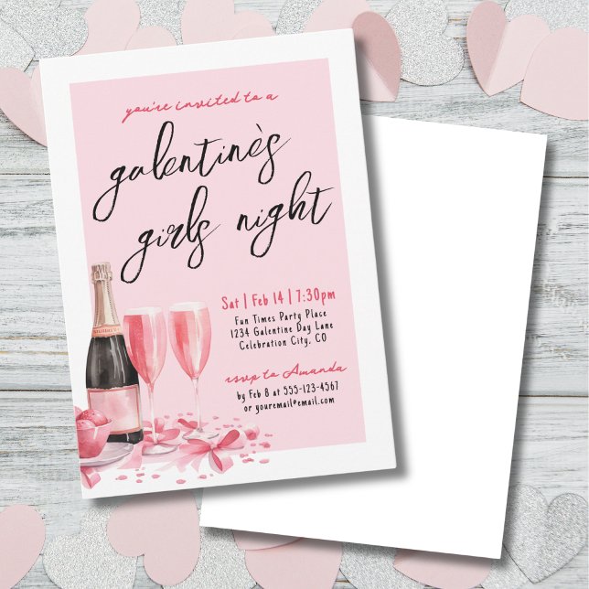 Tjejkväll Rosa Champagne Galentine's Day Inbjudningar (Girls Night Pink Champagne Galentine's Day Invitation)