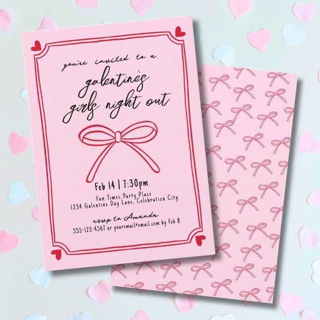 Tjejkväll Rosa Och Röda Galentine's Day Inbjudningar (Girls Night Pink And Red Galentine's Day Invitation)