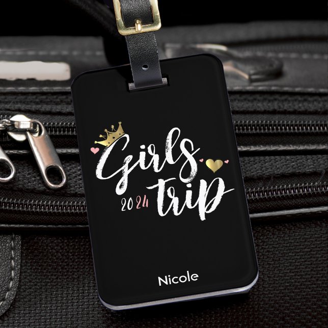 Tjejresan Guld Krona Rosa Hjärtan Semester Bagagebricka (Girls Trip Gold Crown Pink Heart Vacation Luggage Tag)