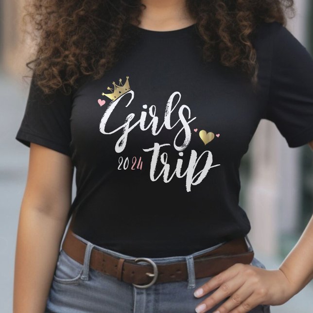 Tjejresan Guld Krona Rosa Hjärtan Semester T Shirt (Girls Trip Gold Crown Pink Heart Vacation Black T-Shirt)