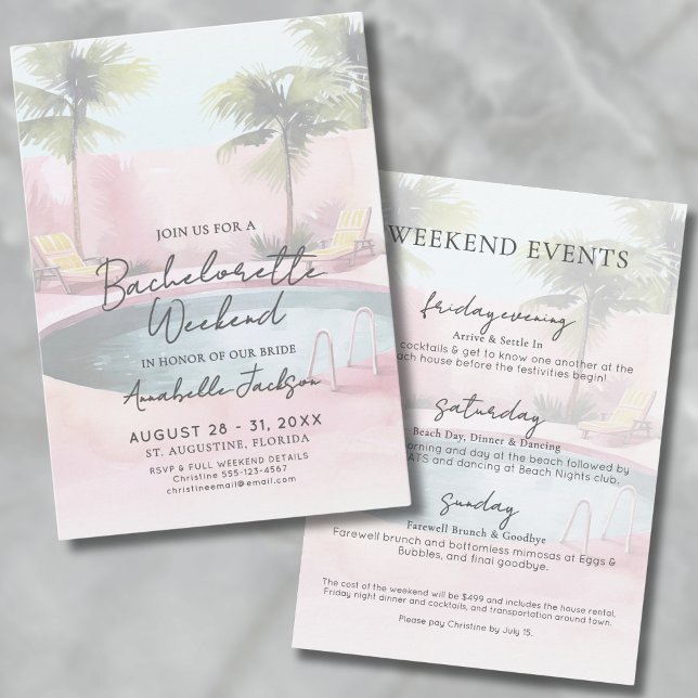 Tjejveckoslut Rosa Pool Sängkammarparty Inbjudningar (Girls Weekend Pink Pool Bachelorette Party Invitation)
