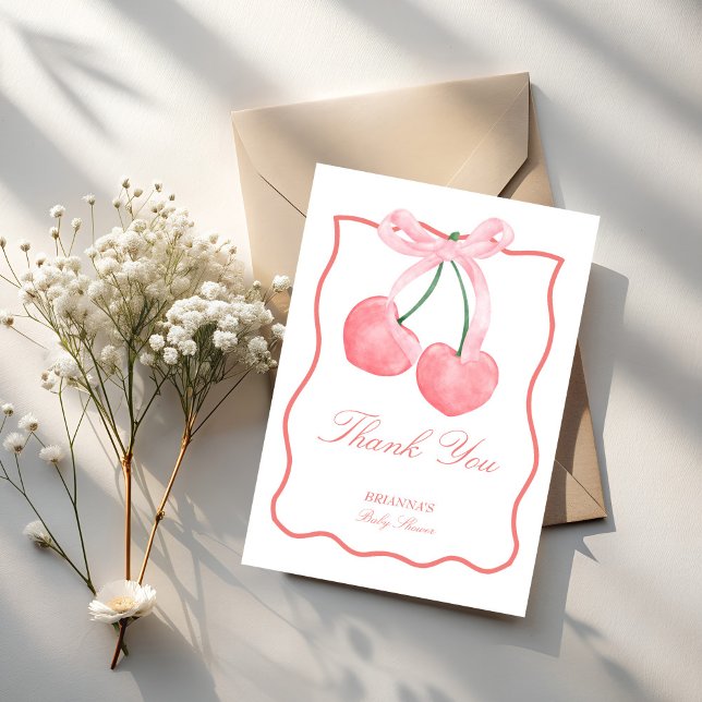 Tjerry rosa coquette babydusch tack kort (Cherry pink coquette baby shower thank you cards pastel pink wavy border thank you cards)