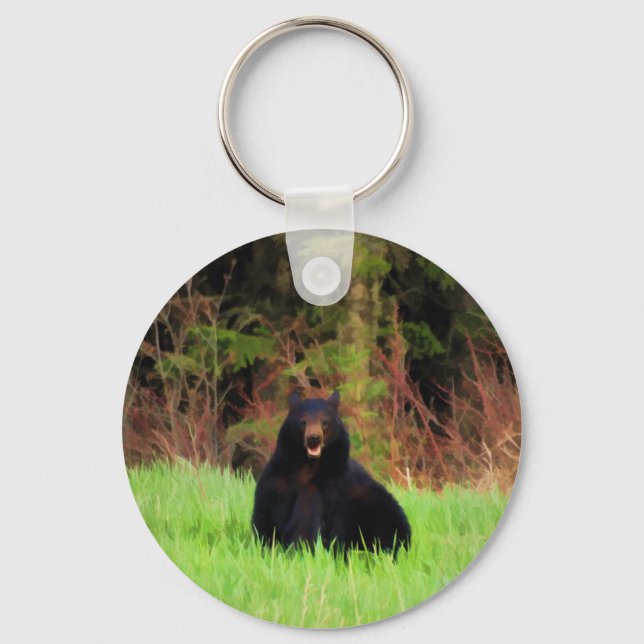 Tjock Black Bear and Vild Grasses Wildlife Art Nyckelring (Framsida)