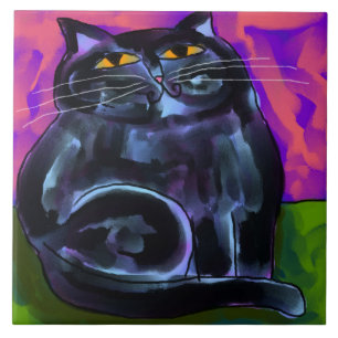 Tjock Black Cat Abstrakt Digital Painting Kakelplatta