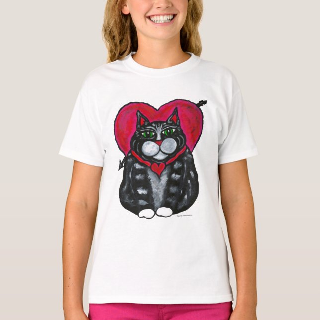Tjock Cat and Heart's kort sleged Girl's T-shirt (Framsida)