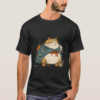 Tjock Cat Samurai Japanska Ukiyo E Stil T Shirt
