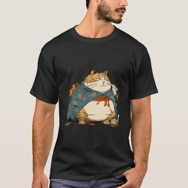 Tjock Cat Samurai Japanska Ukiyo E Stil T Shirt (Framsida)