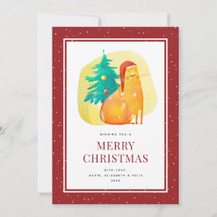 Tjock Cat Träd Snö Red God jul Card Julkort