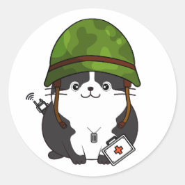 Tjock Cat Wearing Army hjälmet Runt Klistermärke