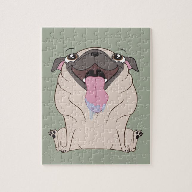 Tjock Drooling Tecknad Pug Hund Puzzle Pussel (Vertikal)