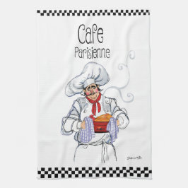 Tjock Fransk Chef Caricature Black White Checks Kökshandduk