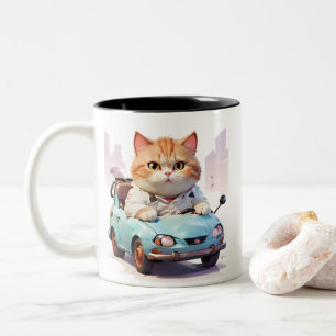 Tjock-katt Köra en bil med kaffe kopp