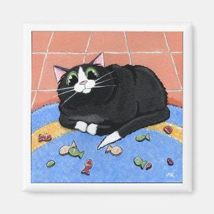 Tjock Katt och Matta i fiskbikuiter Kattkonst Magnet