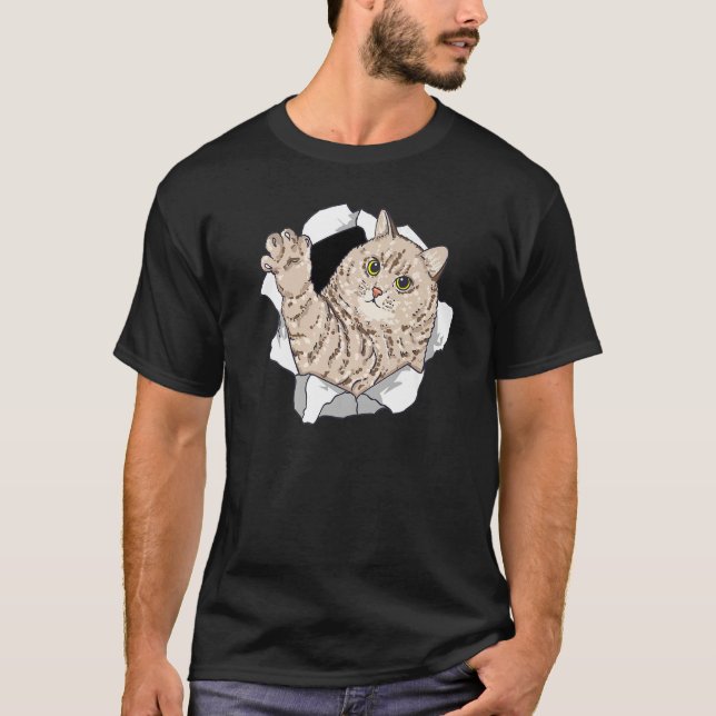 Tjock Katt som kommer ut rippad T Shirt (Framsida)