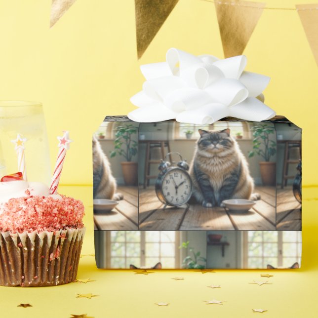 Tjock Katt som väntar på ett tomt matfat Presentpapper (Födelsedagsfest)