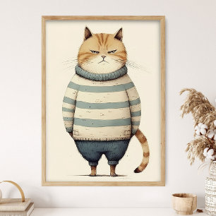 Tjock Ljusbrun Katt i Blå Tröja, Rolig Katt Dekor, Poster